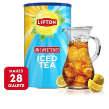 Lipton unsweetened iced tea mix canister with pitcher and lemon slices