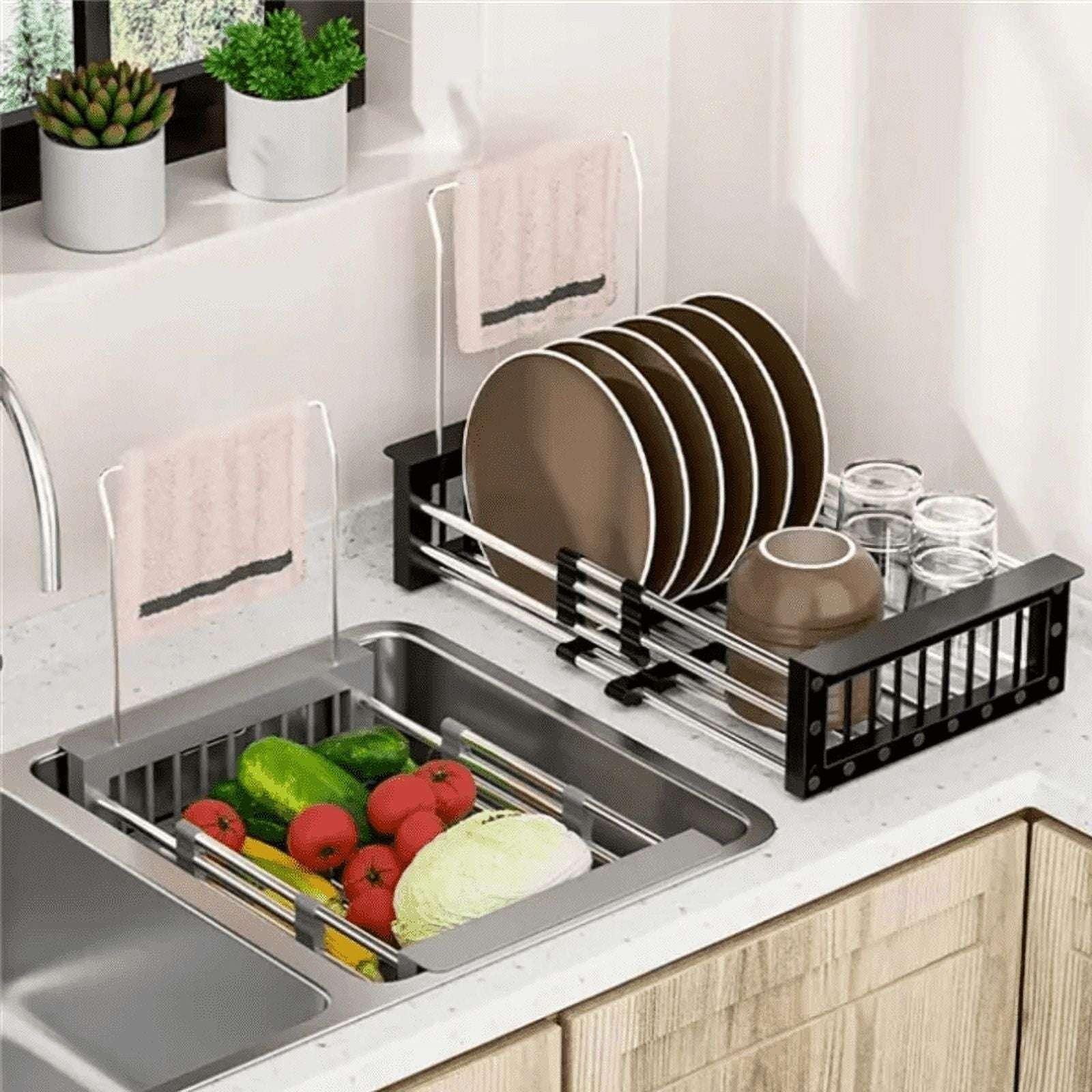 Adjustable Over-The-Sink Dish Drying Rack with Stainless Steel Drain Basket - Portable & Telescopic Space-Saving Solution for fruit vegetable