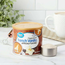 French vanilla cappuccino beverage mix canister with mug and measuring scoop
