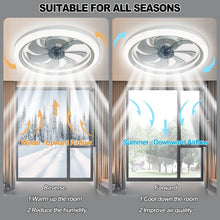 Ceiling fan with LED light ring for winter reverse and summer forward airflow