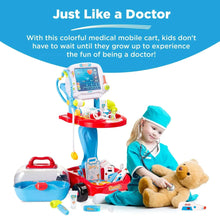 Kids play doctor mobile cart with blue display, medical tools and carry case