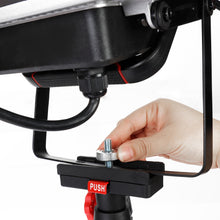 Tripod stand head with push-lock adjustment and threaded mount, black and red