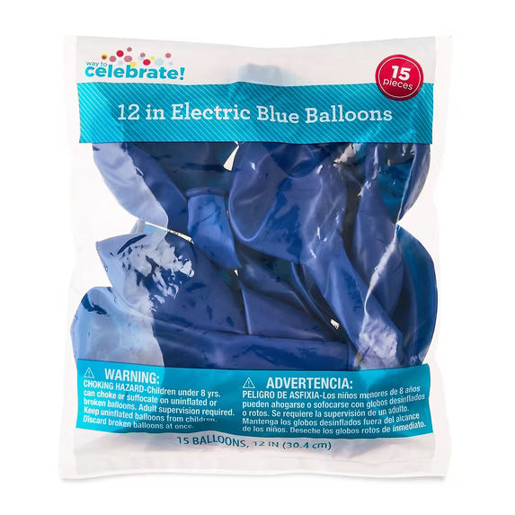 12" Electric Blue Latex Balloons, 15 Pieces, by Way To Celebrate