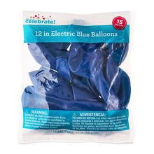 Electric blue latex balloon set, 15-pack, 12 in balloons in sealed bag