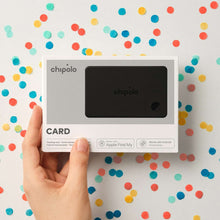 Retail box for chipolo CARD tracker with black card device window and Find My icons