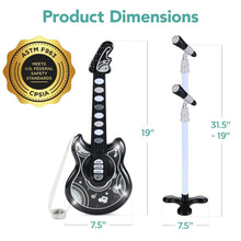 Kids flash guitar toy and mic stand, black guitar body with LED lights and controls