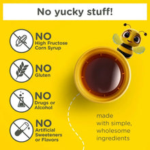 Cough syrup label with no high fructose corn syrup, no gluten, no alcohol