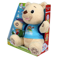Plush storytelling bear in retail box with attached illustrated storybooks