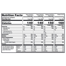Nutrition Facts panel for tortilla chips and cheese crunch, serving size 1 bag