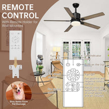 Ceiling fan with light and remote control, black housing and wood-style blades