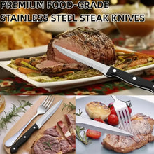 Stainless steel steak knife slicing roast on a serving platter