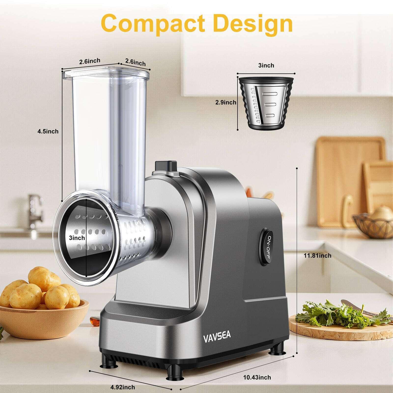 VAVSEA 5-in-1 Electric Cheese Grater, 400W Electric Cheese Shredder with 5 Stainless Blades, Salad Maker with One-Touch Control for Cheese, Vegetables and Fruits, Gifts for Christmas
