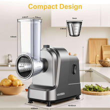 Electric cheese grater compact design with transparent hopper and stainless shredding drum.