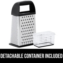 Stainless steel box grater with black handle and clear catch container