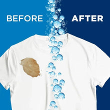 White T-shirt with blue bubbling stain graphic, after-wash clean effect.