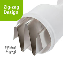 Food chopper blade insert with zigzag design, white housing and green accents