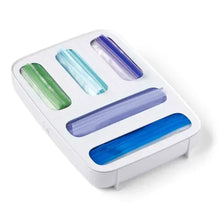 White 5-slot food bag dispenser with colored slot bars in blue, green, and purple