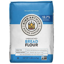 Unbleached bread flour bag with King Arthur logo, blue and white front.