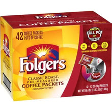 Folgers coffee packet box, 42-count Classic Roast, angled view with cup graphic