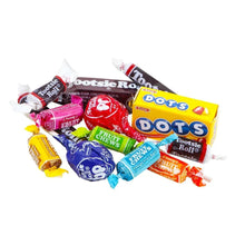 Assorted candy variety with colorful wrapped pieces and Tootsie Roll and Dots candies