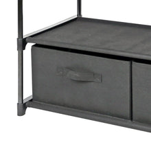 Black fabric drawer bin on middle shelf of 4-shelf metal storage organizer
