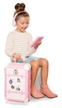 Pink child suitcase playset with open case and accessory cards, headset