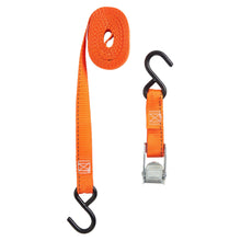 Orange tie-down strap with cam buckle and black J-hooks, single strap view