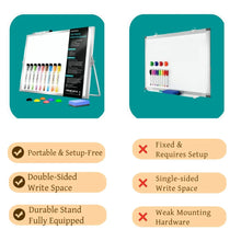 Whiteboard feature graphic showing double-sided write surface and durable stand