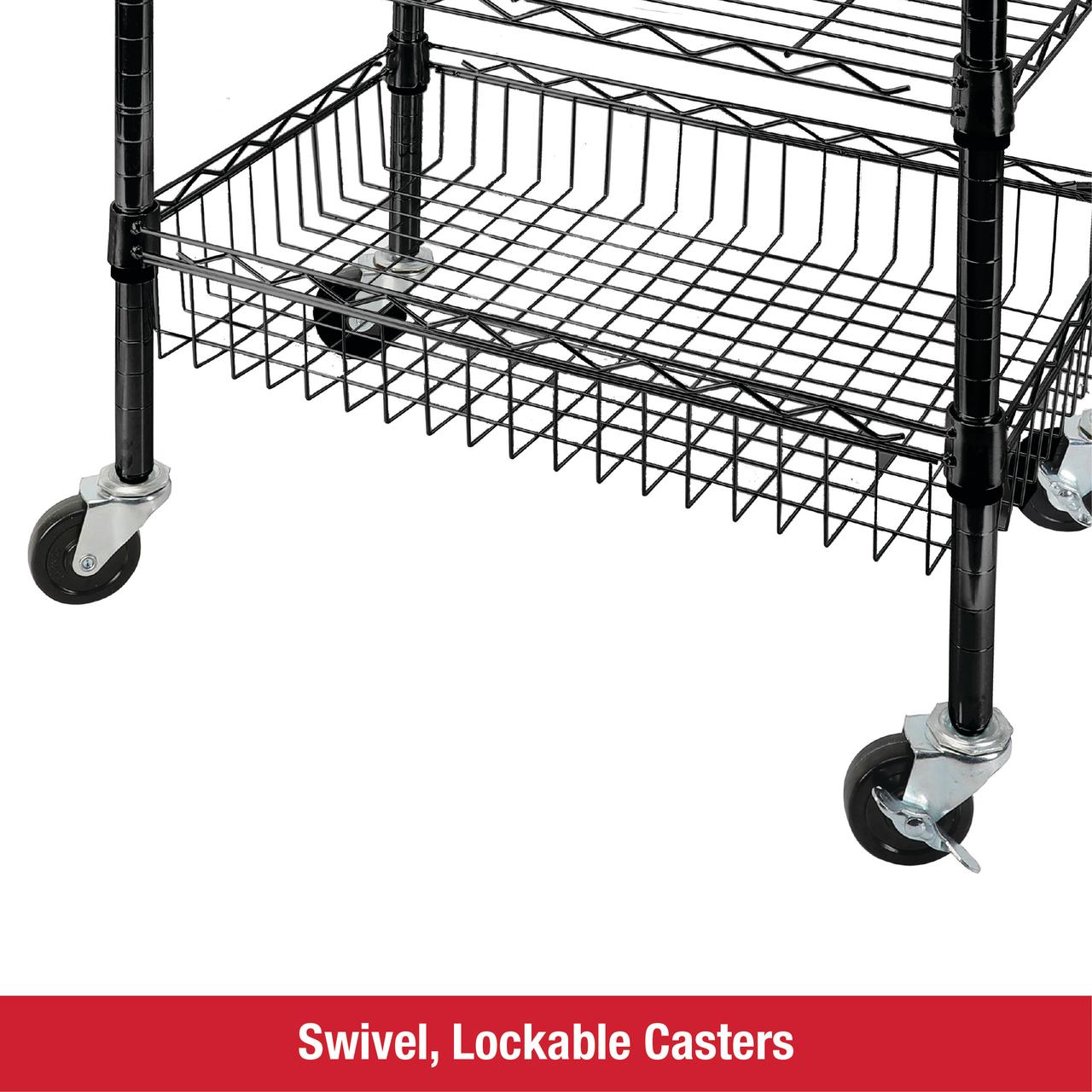 Rubbermaid 3-Tier Heavy Duty Black Rolling Utility Cart with Solid Wood Top, 300lb Capacity