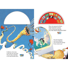 Open sound book spread with a birthday horn illustration and red semicircular sound button panel.