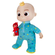 Blue patterned plush JJ doll standing with a small red teddy bear plush
