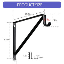 Black steel wall bracket for closet rods with U-shaped hooks and screw holes