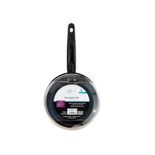 MS 3-piece sauce pan set package view, black pans with glass lids