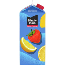 Strawberry lemonade drink carton with red cap and fruit illustrations, angled side view