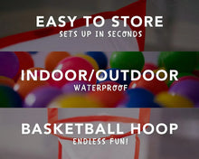 Basketball hoop ball pit with red net frame and colorful plastic balls