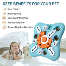 Dog enrichment puzzle toy, blue base with orange center and paw-print accent buttons