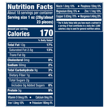 Nutrition Facts panel for whole cashews showing calories, fat, carbs, and protein