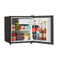 Open black one-door mini refrigerator showing shelves, bins, and bottles