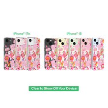 Phone case showing multiple angles with pink casino-themed icons pattern