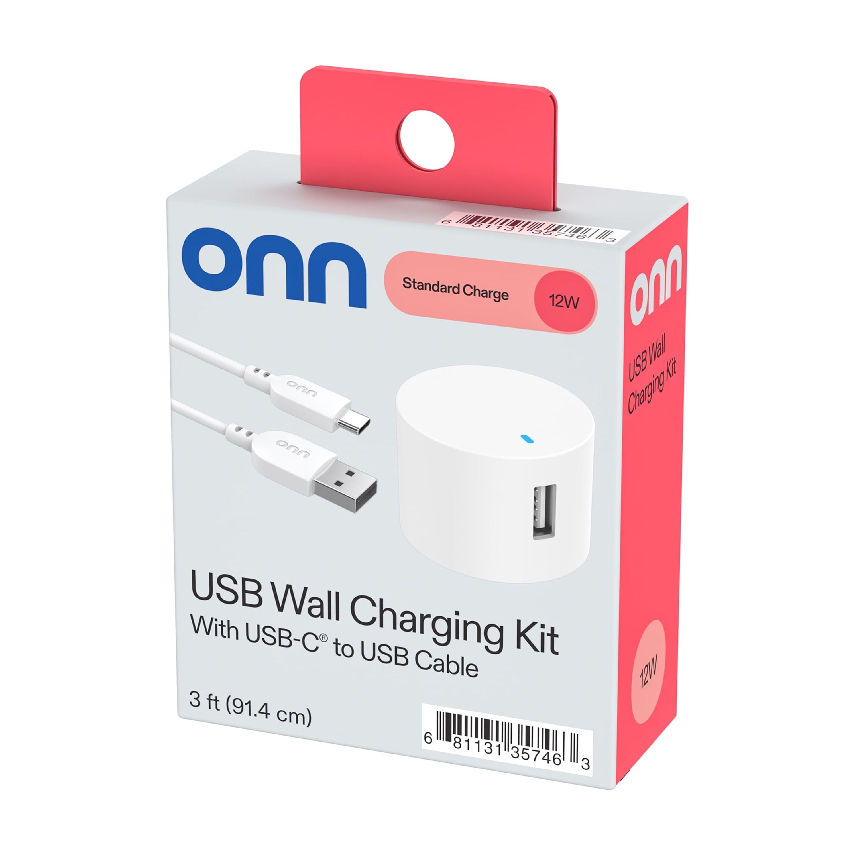 onn 12W Single USB-A Port Wall Charger with 3ft USB-C to USB Cable, Foldable Plug, White - Compatible with iPhone 17/16/15 Series, Samsung Galaxy, Google Pixel, and more