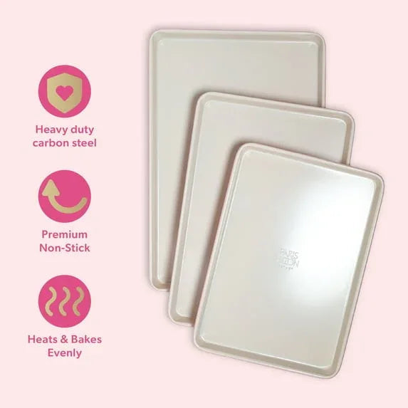 Paris Hilton 3-Piece Nonstick Cookie Sheet Pan Bakeware Set, Carbon Steel Baking Sheets, Dishwasher Safe, Pink