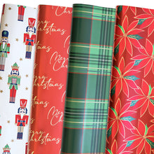 Four holiday wrapping paper designs: nutcrackers, Christmas script, green plaid, and poinsettias