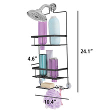 Black hanging shower caddy with 2 shelves and soap tray, 24.1 in tall