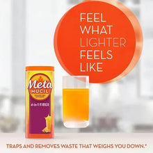 Meta Mucil 4-in-1 Fiber supplement jar with "Feel what lighter feels like" text