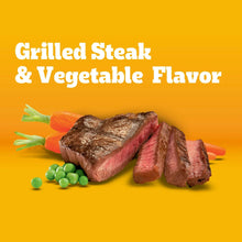 Dog food flavor graphic showing grilled steak with vegetable pieces