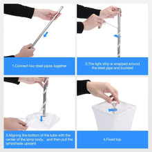 Fabric table lamp assembly with steel tube frame and LED strip tied in place