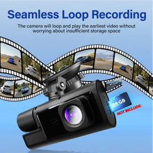 Dual dash cam device with front screen camera and rear lens, loop recording graphic