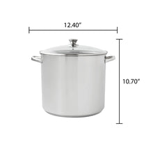 Stainless steel stock pot with glass lid, shown with size dimensions