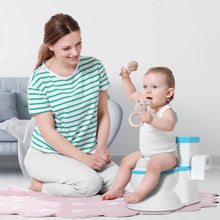 White toddler potty training toilet with blue top and detachable seat