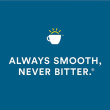 Blue Cameron's slogan card with cup icon: always smooth, never bitter